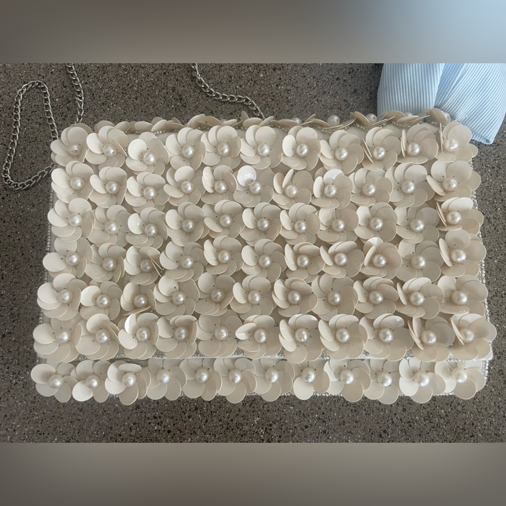 Lulu's Cream Floral Pearl Shoulder Bag